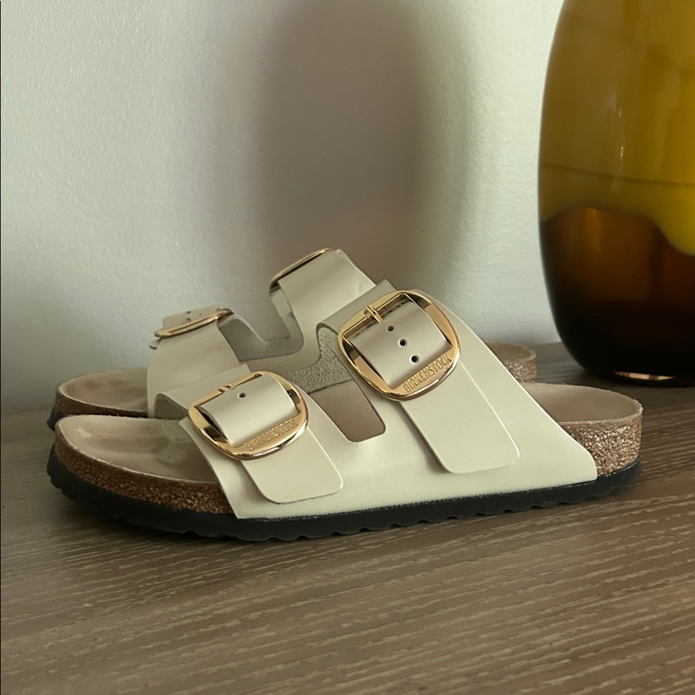 Birkenstock Cream Sandals with Gold Buckles